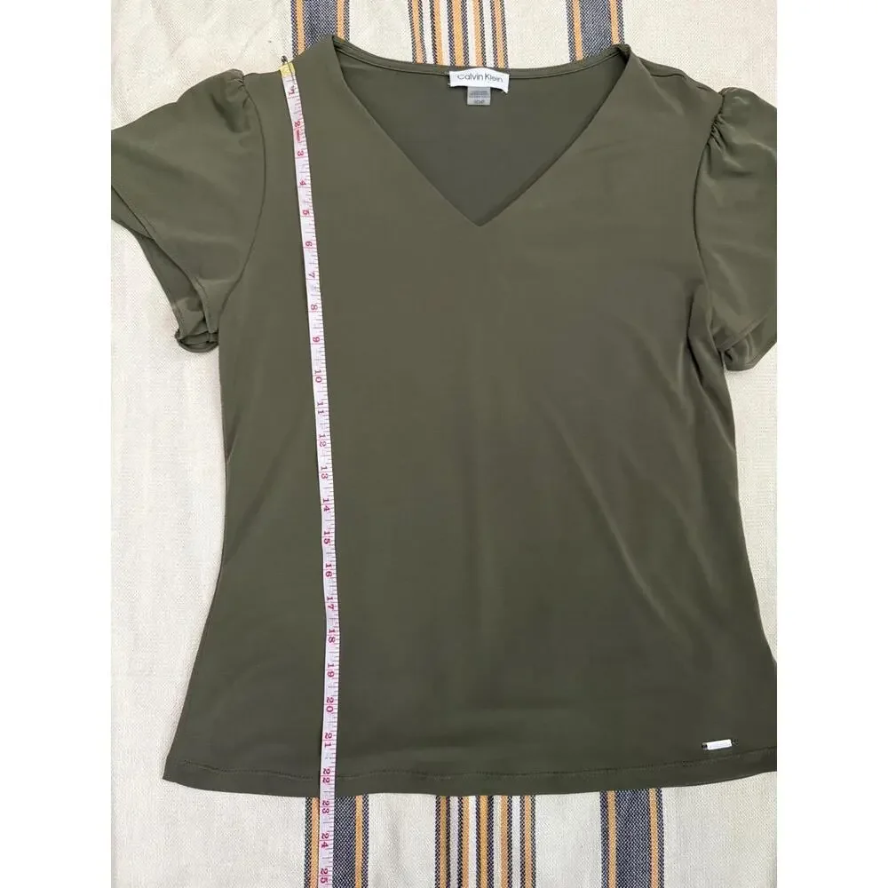 Calvin Klein Womens Small Olive Green Ruffle Top Layered V-Neck Boho Chic - Picture 4 of 8
